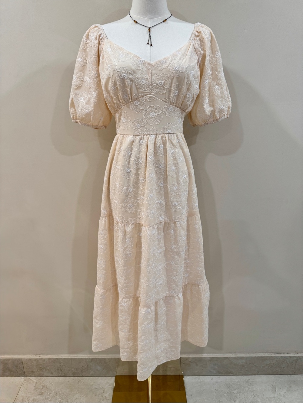 Baltic Born Cream Embroidered Puff Sleeve Tiered Cottagecore Midi Dress Size M